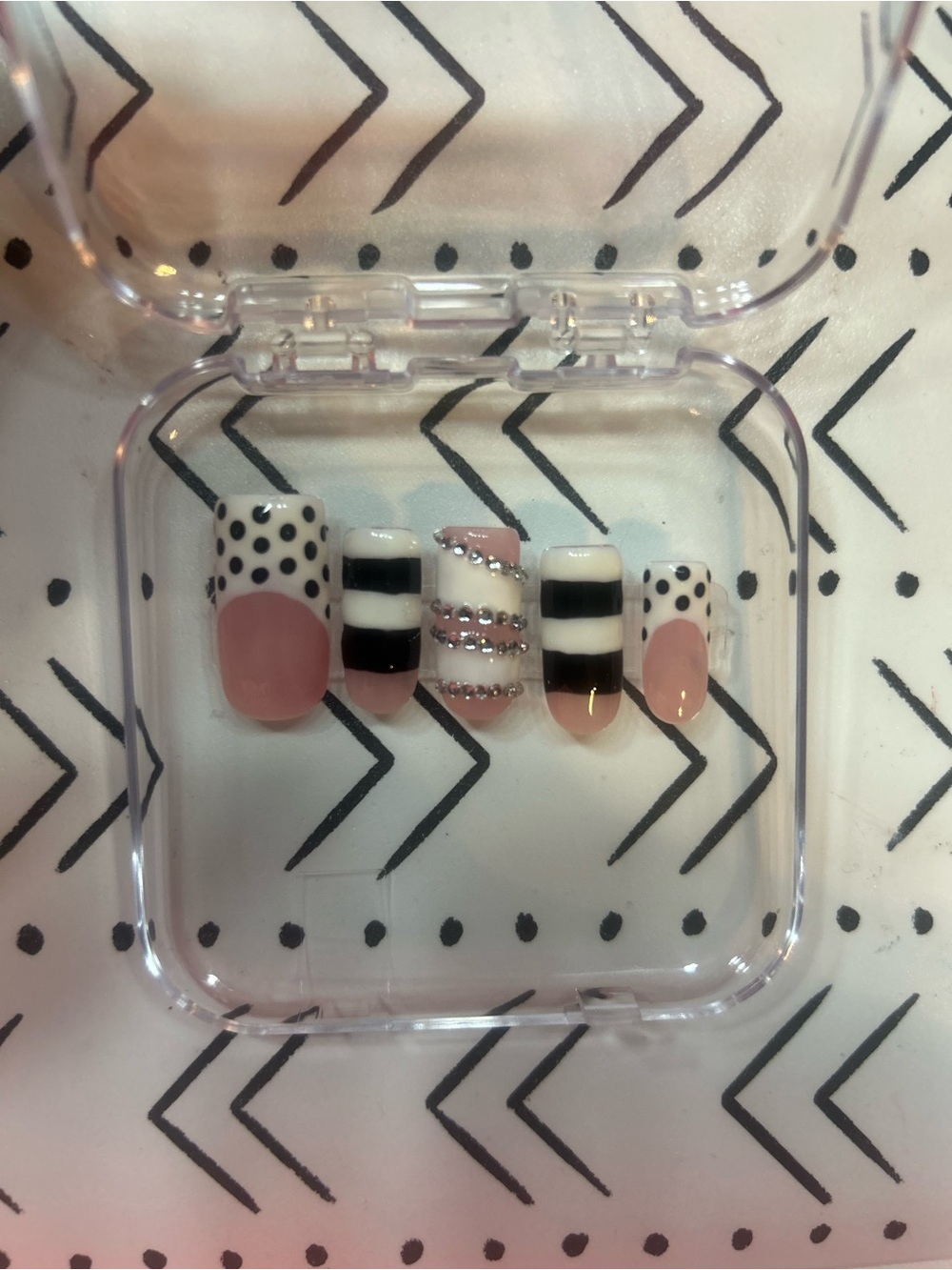 Pink & Black Striped Press-On Nail Set with Rhinestone Accent